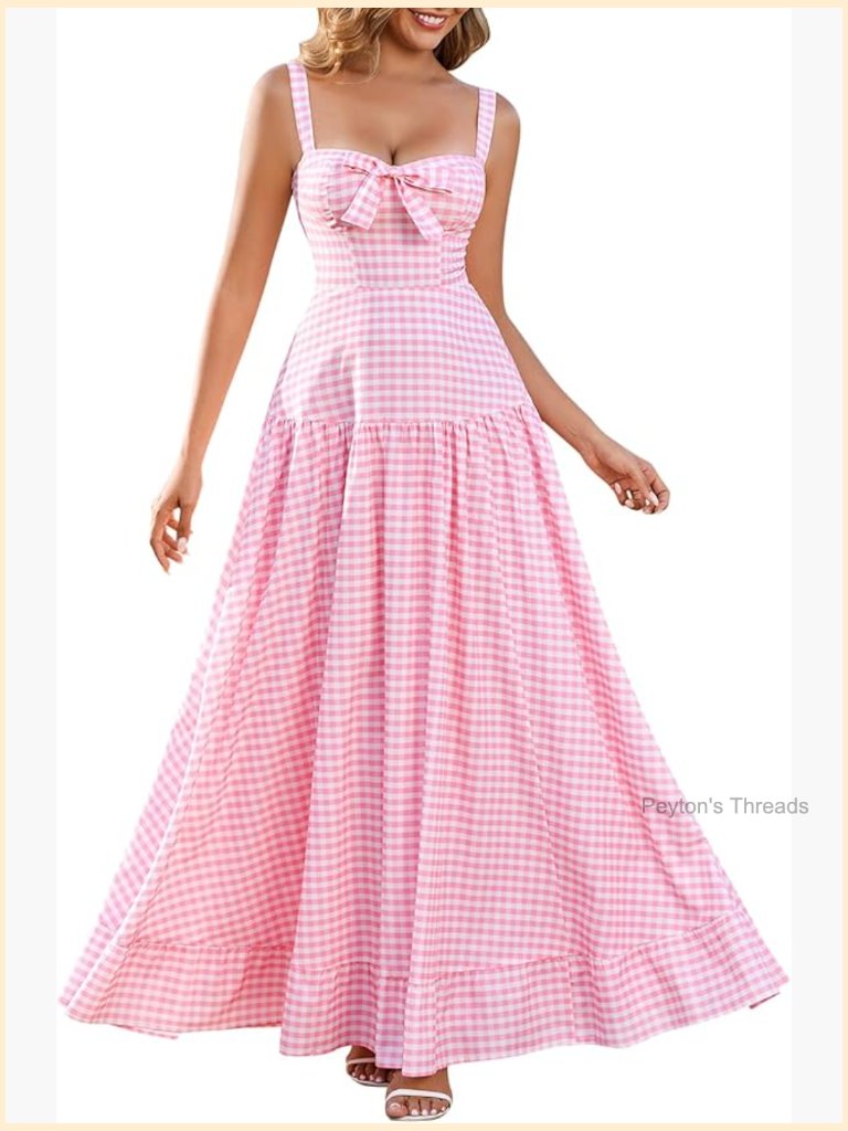 Gingham A-Line Sweetheart Maxi Dress With Bow Sleeveless Zipper Back